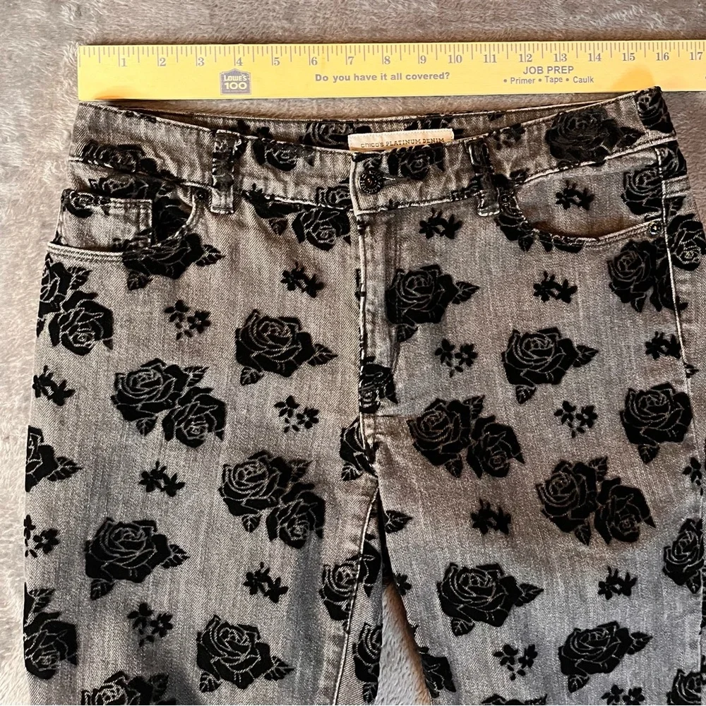 Chico's Platinum Denim Grey Jeans w/ Black Floral pattern (See chart in pics) - Picture 7 of 9